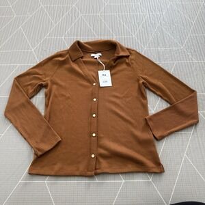 NEW Free Assembly Collared Cardigan L Brown Ribbed Gold Buttons